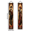A vertical banner featuring a decorative Mexican skull and floral motif design with warm earth tones.