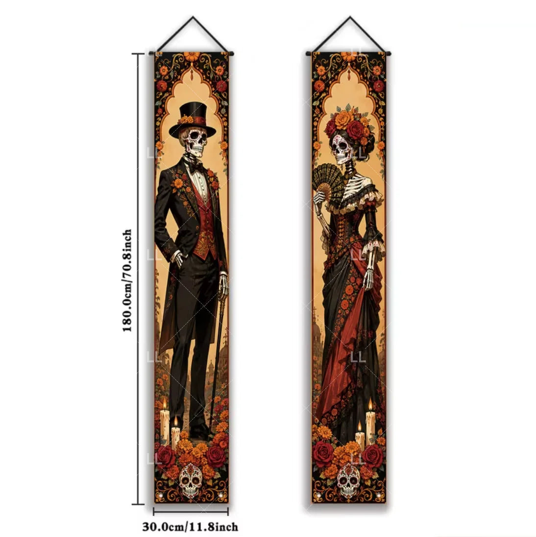 A vertical banner featuring a decorative Mexican skull and floral motif design with warm earth tones.