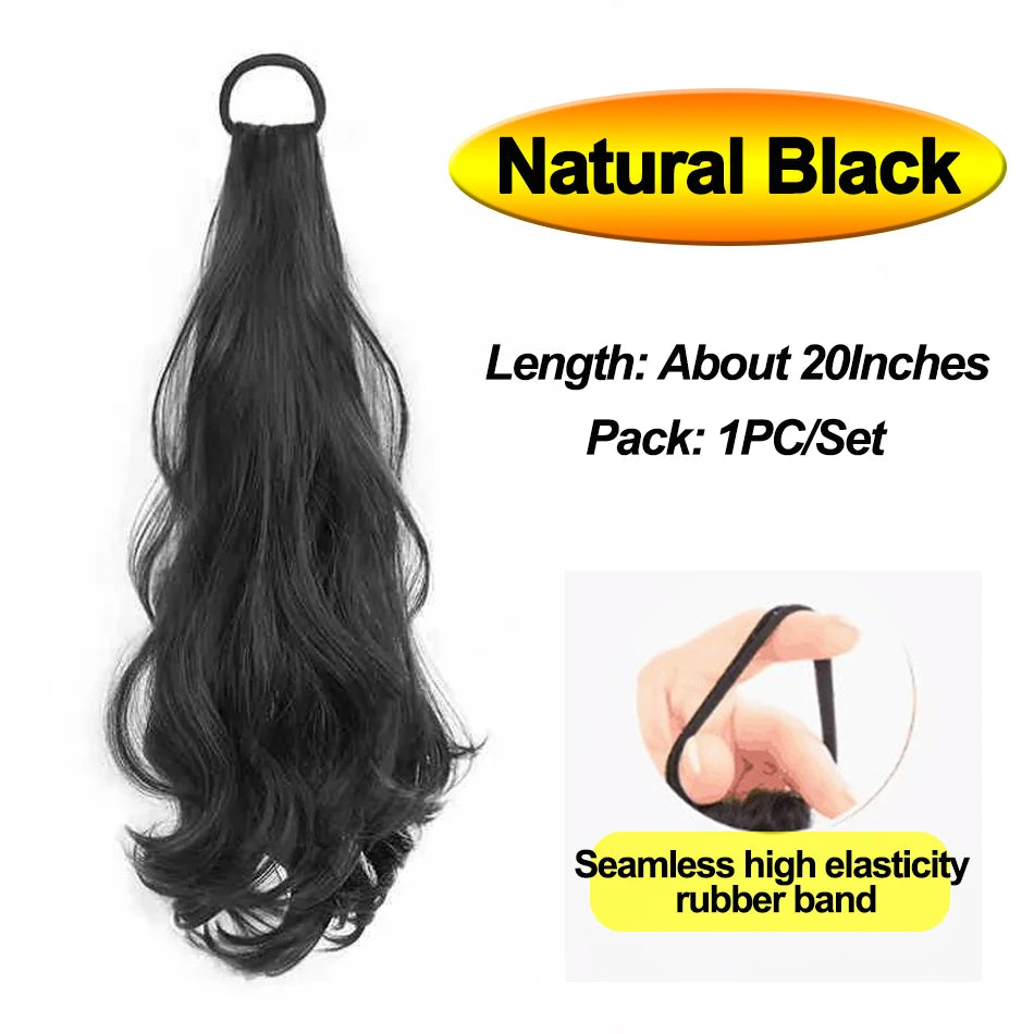 Natural black hair extensions with a rubber band for ponytail style