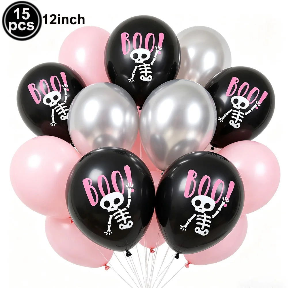 A pack of 15 black and pink balloons featuring a boo skull design for a Halloween party.