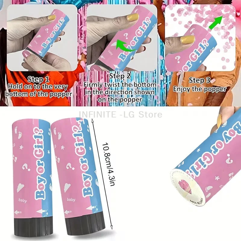 Pink confetti cannon for gender reveal with instructions showing how to use the popper