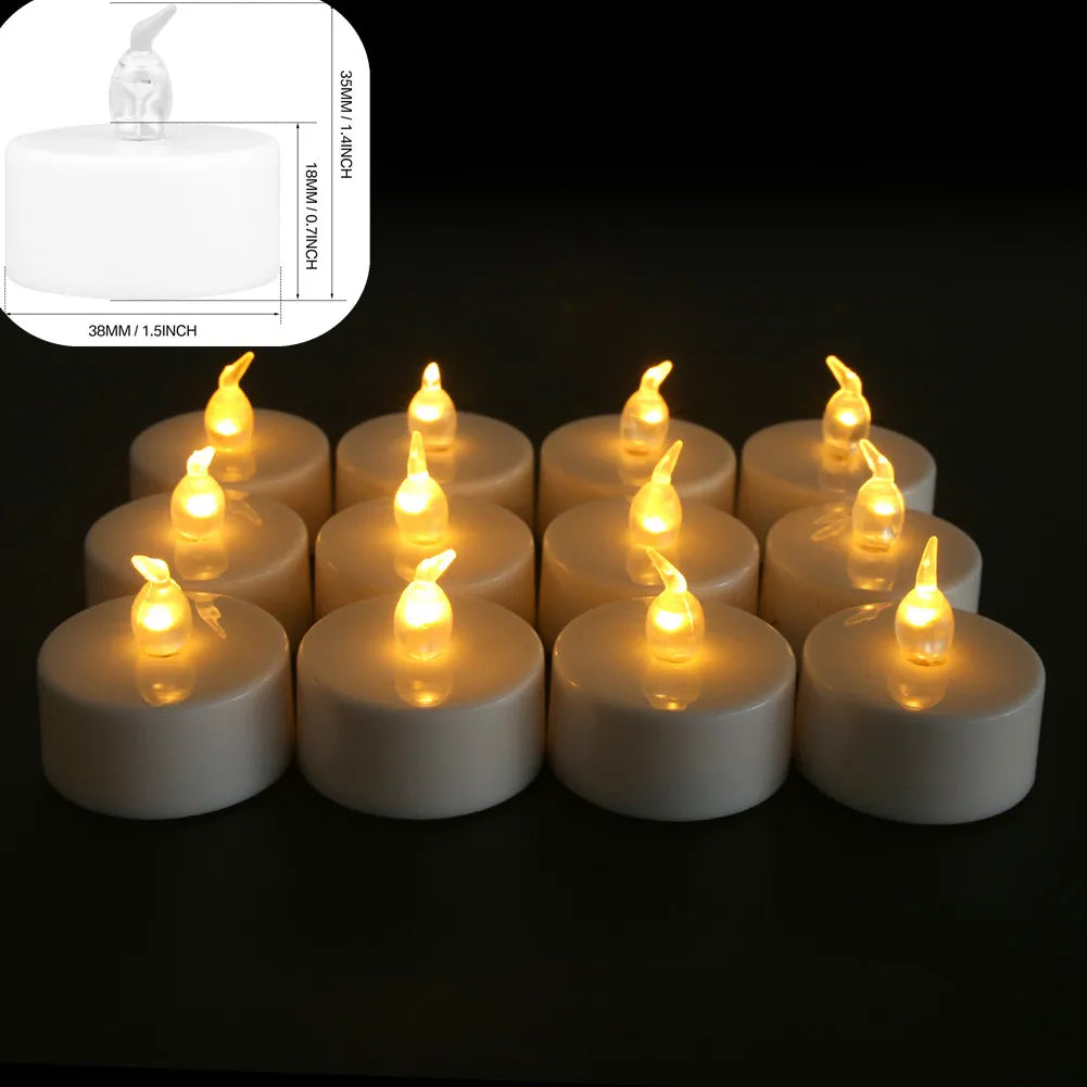A set of round white flameless LED tealight candles with warm white flicker displayed on a dark surface.