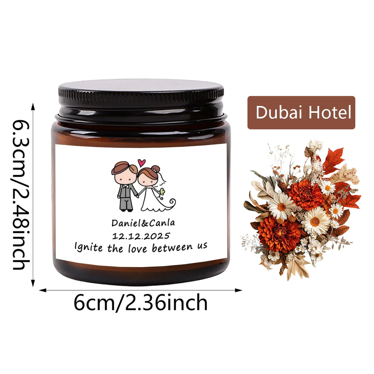 A dark glass jar candle with a label featuring a couple and the text Ignite the love between us, presented as a Dubai Hotel g
