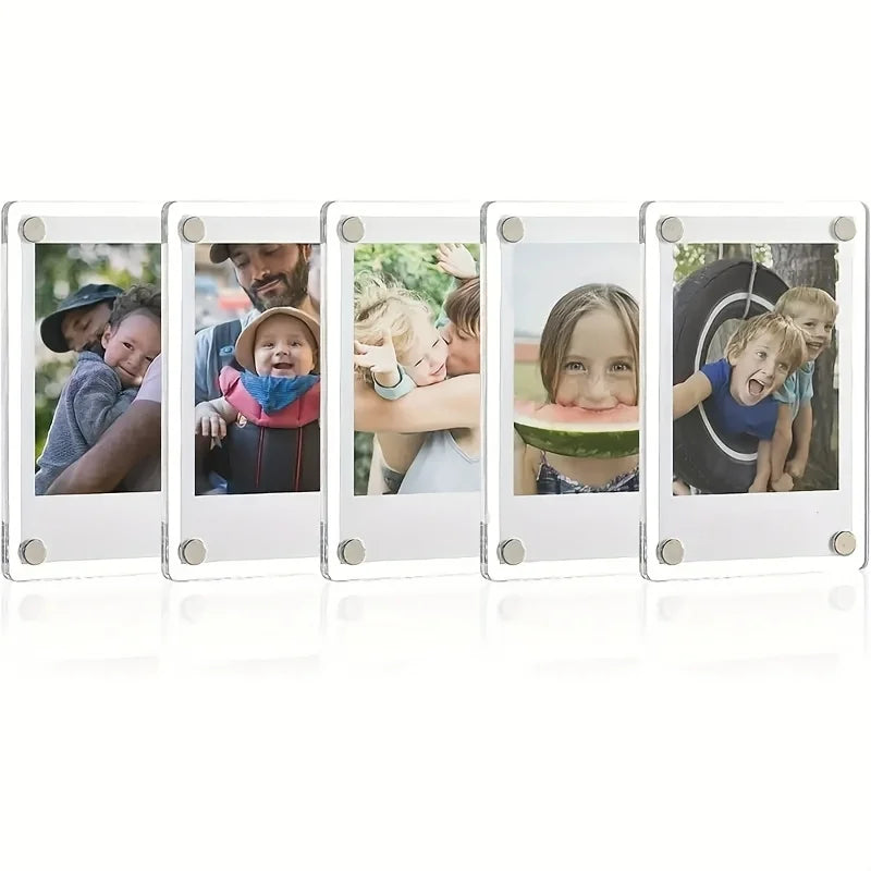 A set of magnetic acrylic picture frames displaying various children's faces and portraits.