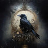 A dark raven sits on an ornate, gilded branch against a moody, antique background.