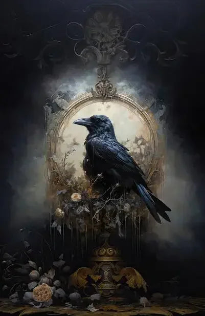 A dark raven sits on an ornate, gilded branch against a moody, antique background.