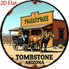 A vintage western sign featuring a wooden tombstone building and a horse-drawn carriage in an Arizona setting.