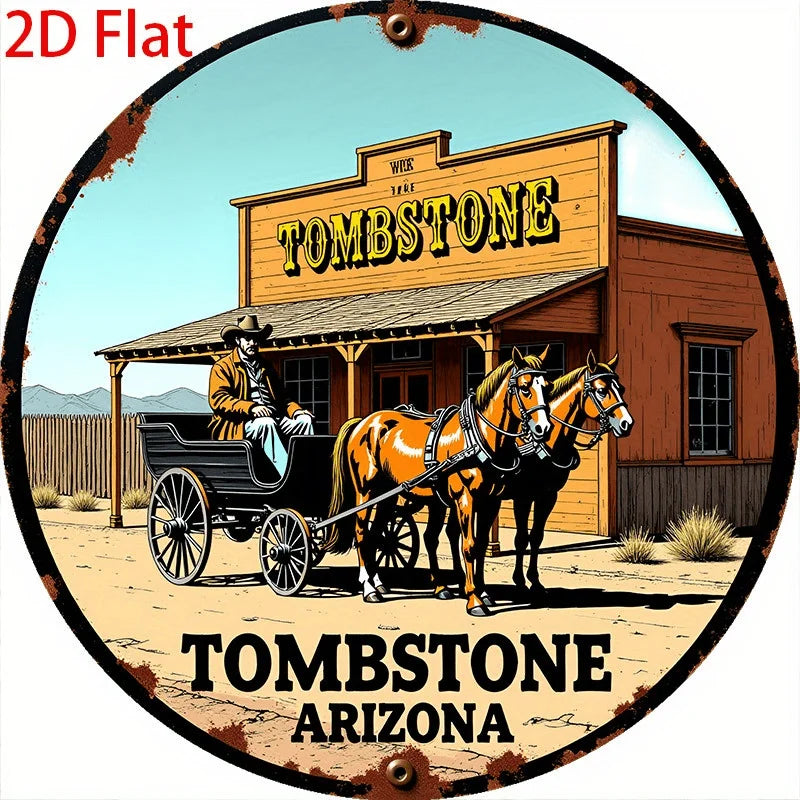 A vintage western sign featuring a wooden tombstone building and a horse-drawn carriage in an Arizona setting.