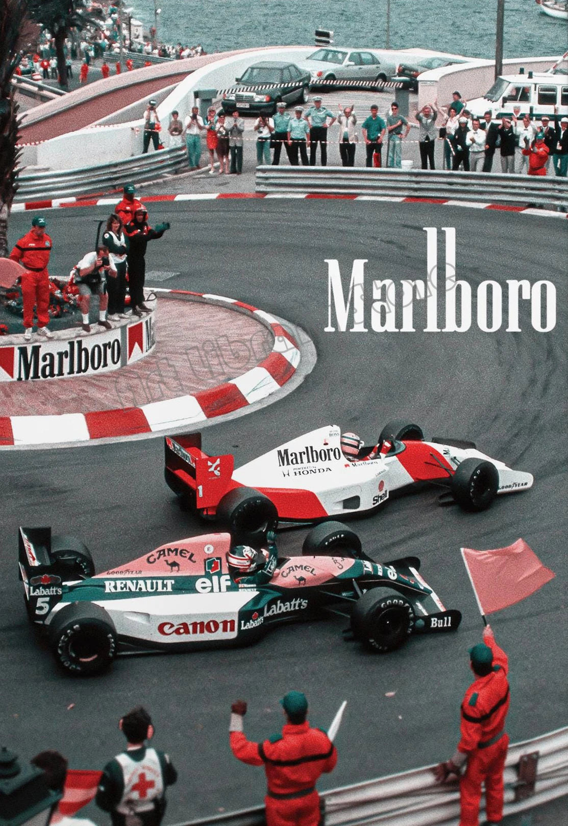 A vintage F1 Monaco racing canvas art print featuring a race car and pit crew on the track.