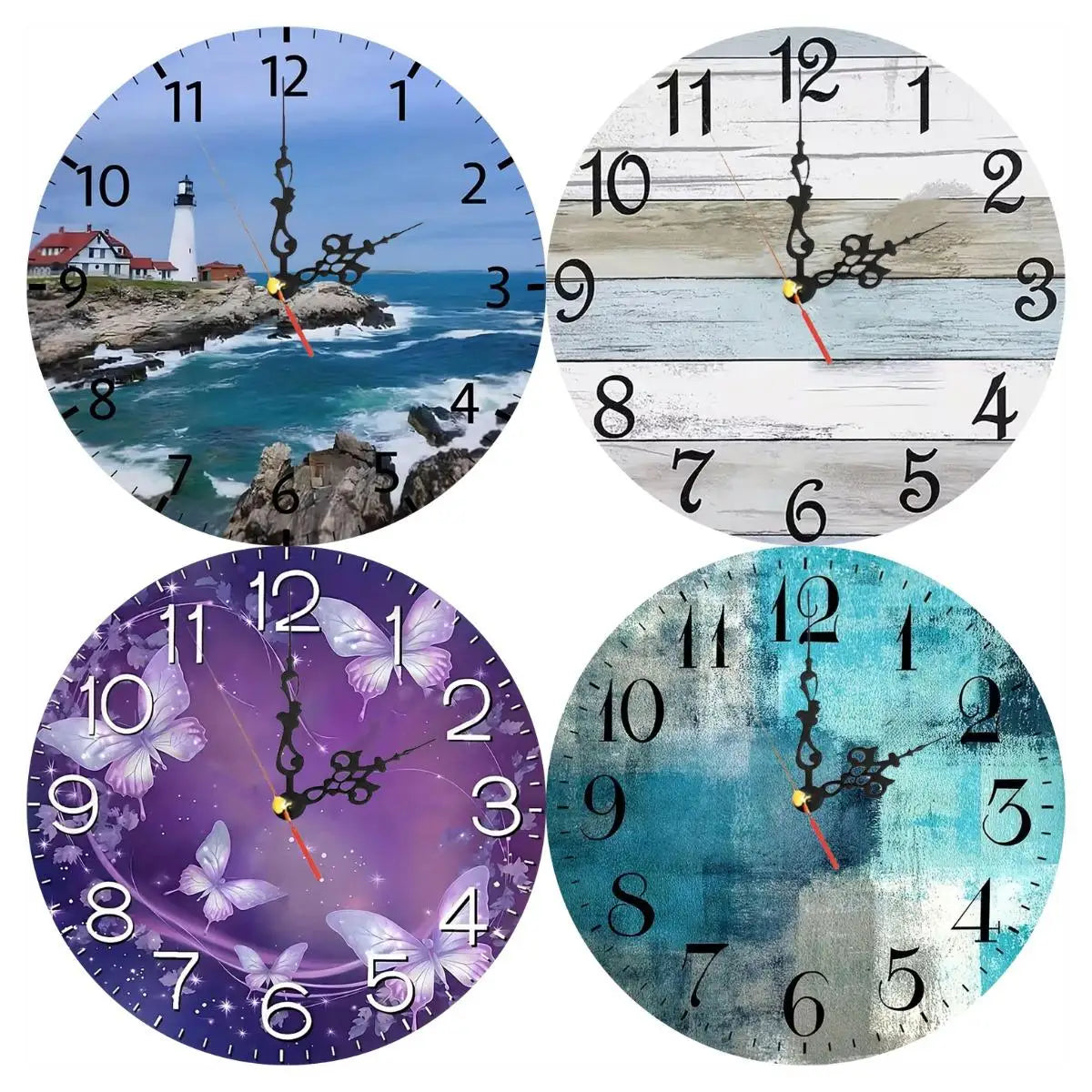 Four round wall clocks showing different styles including a seascape, abstract lines, floral designs, and blue watercolor tex