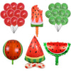 Un ensemble de ballons en papier alu à thème pastèque, incluant des ballons ronds et un ballon en forme de pastèque.