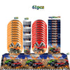 Monster truck birthday party decoration kit featuring trucks, tableware, and a backdrop for a celebration.