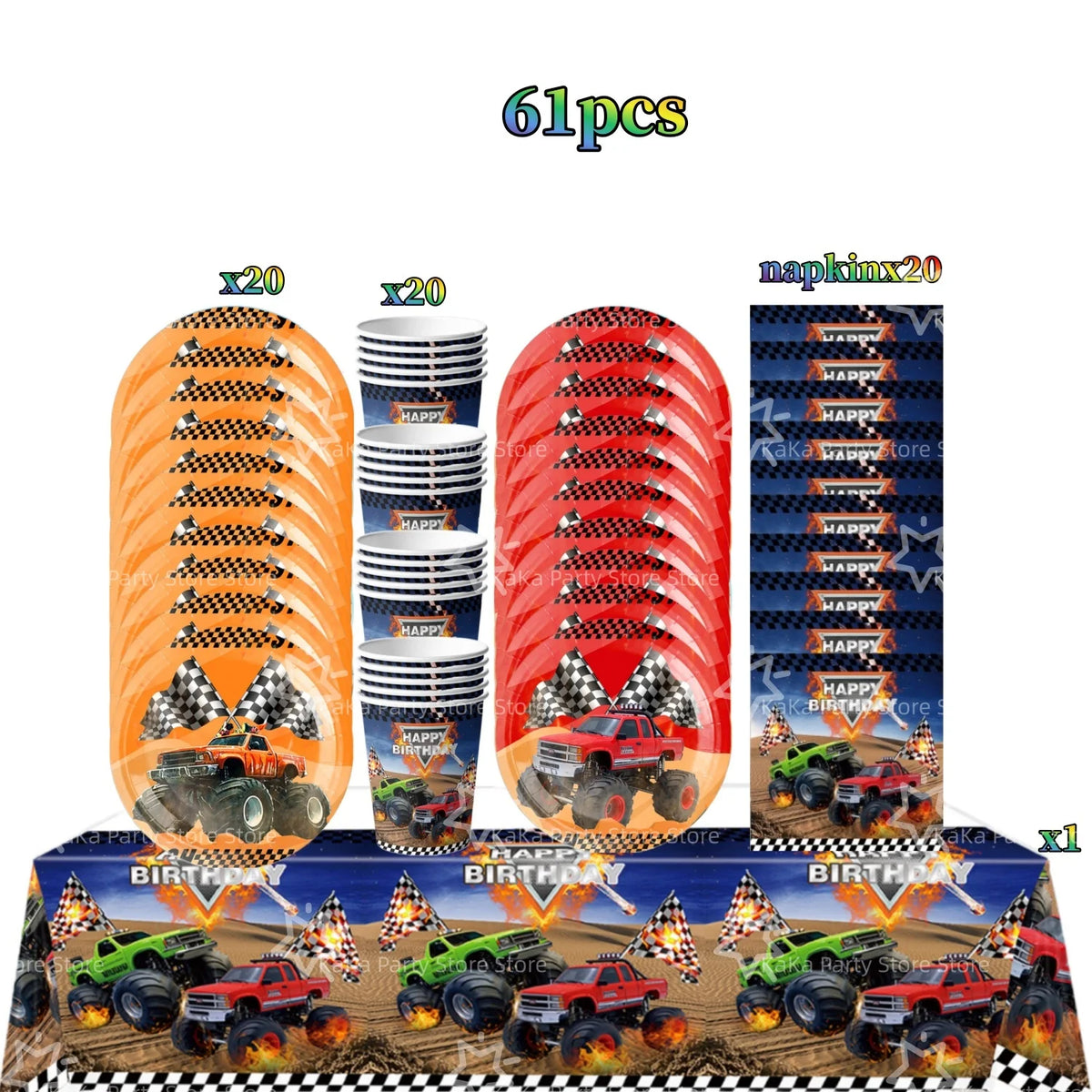 Monster truck birthday party decoration kit featuring trucks, tableware, and a backdrop for a celebration.