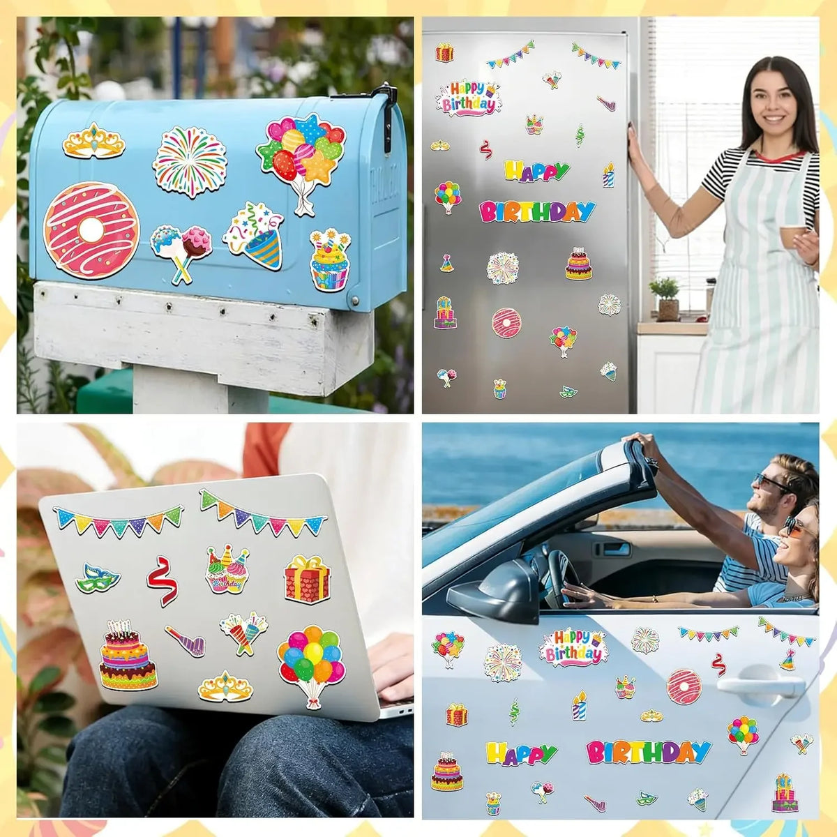 A set of colorful birthday cruise door magnets and decor for fridge and metal surfaces.