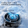 A close-up of a portable cooling fan featuring an aluminum cooling plate and multi-axis heat sink fins for full-body outdoor 