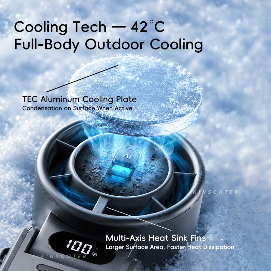 A close-up of a portable cooling fan featuring an aluminum cooling plate and multi-axis heat sink fins for full-body outdoor 