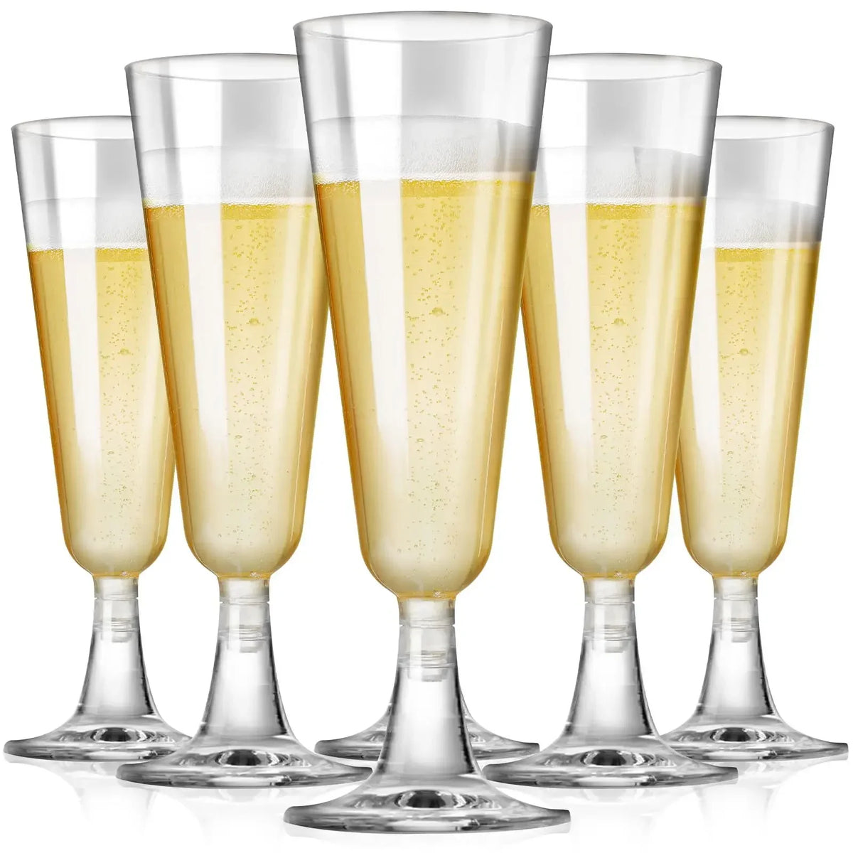 A set of disposable champagne glasses with a gold finish, shown in a vertical arrangement.