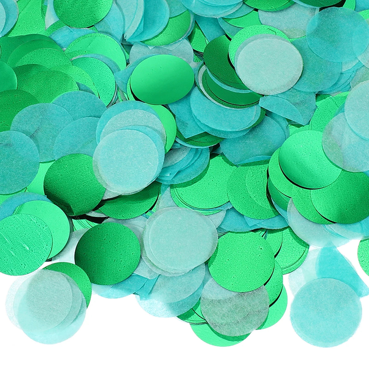 A pile of round tissue paper confetti dots in various shades of green and teal.