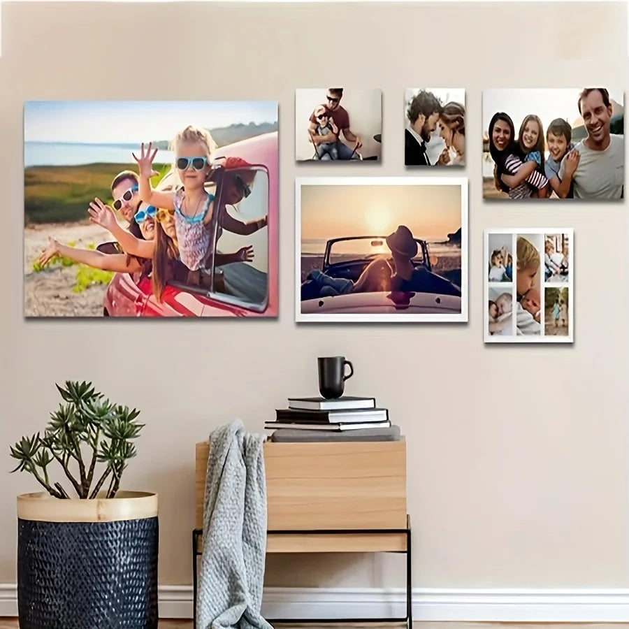 A gallery wall featuring various custom photo canvas prints of family and wedding moments.