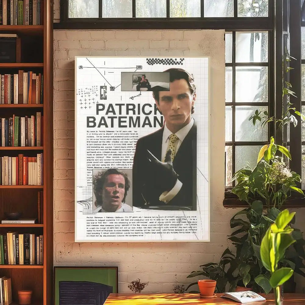 A movie poster featuring Patrick Bateman, a character from American Psycho, displayed as waterproof vinyl wall art.