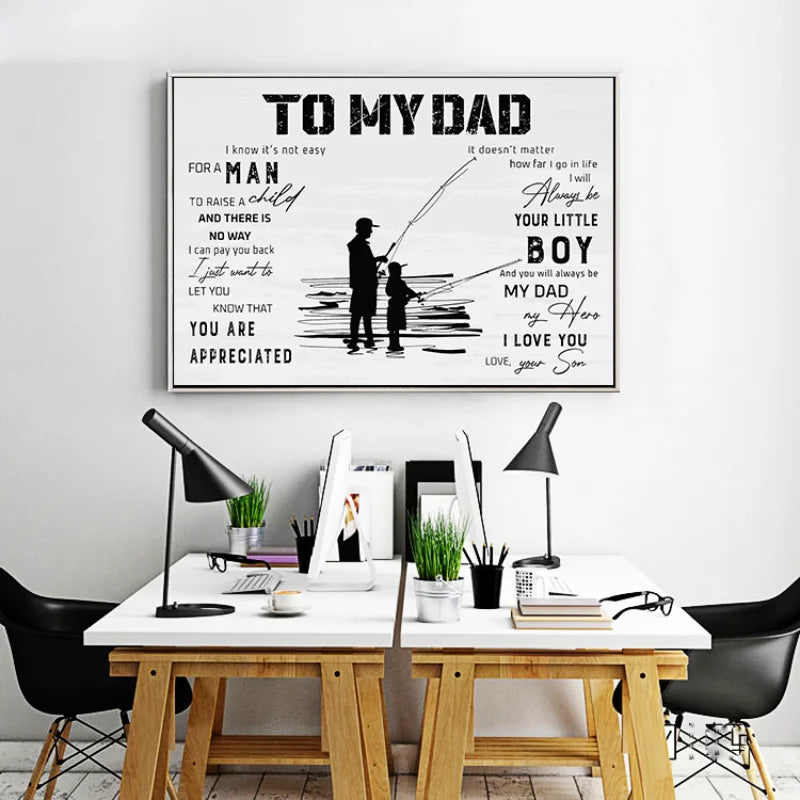 A canvas print featuring a minimalist retro quote to a dad on a white background.