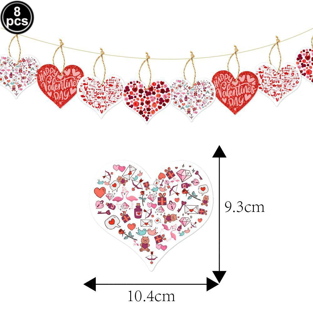 A string of red heart-shaped balloons with Valentine's Day messages and foil finish.