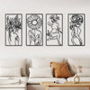 A set of four black and white line art prints depicting female profiles and floral elements on a white wall.