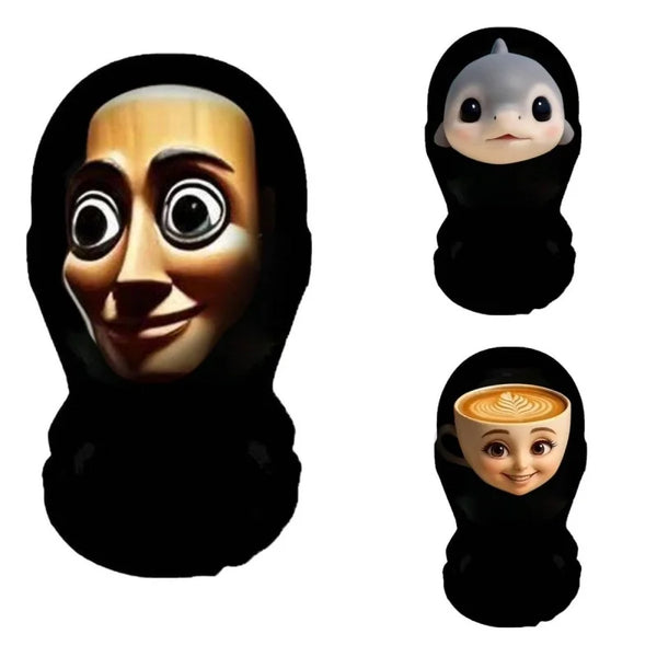 A funny full-face PU mask with large eyes and a smiling expression.