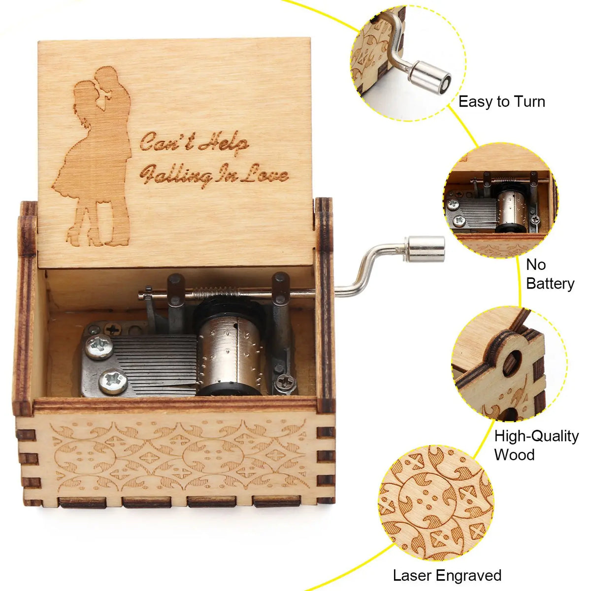 A wooden music box with a lid featuring an engraved silhouette of a couple, showing internal mechanisms and wood details.