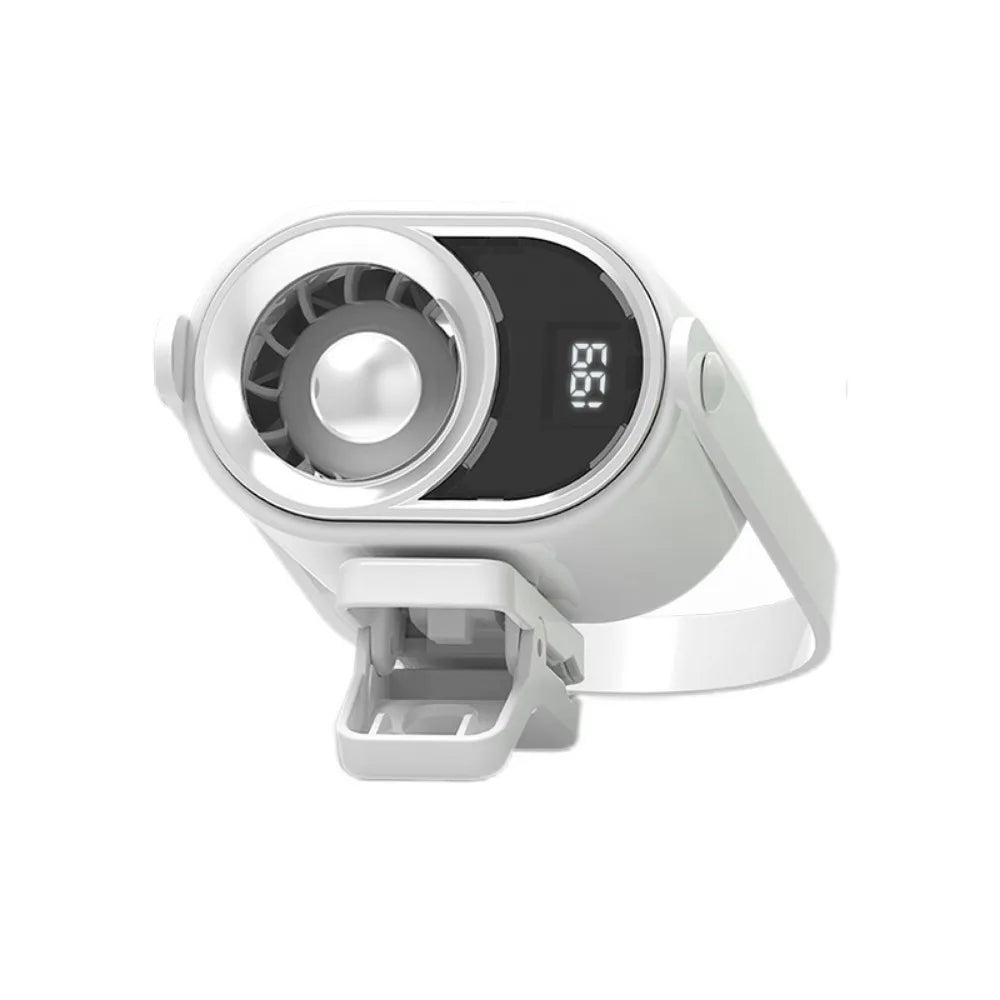 A white clip-on mini electric fan with a circular grille and a digital display showing 61.