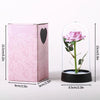 A pink box containing an eternal rose in a clear glass dome on a black base.