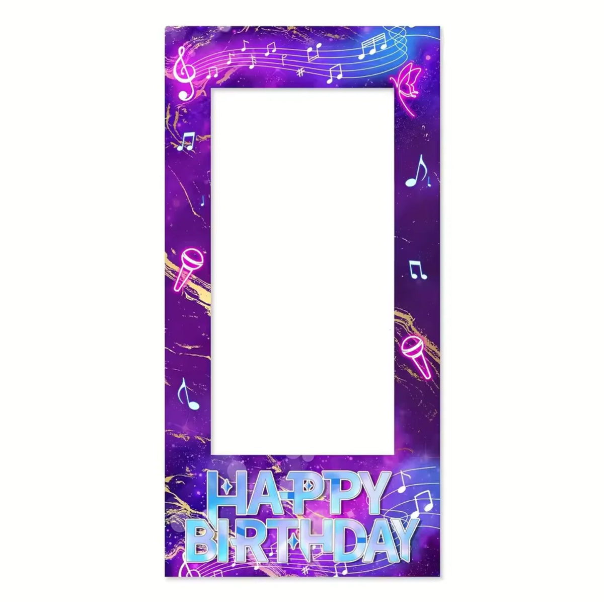 A purple and gold musical note patterned photo frame backdrop for birthday parties