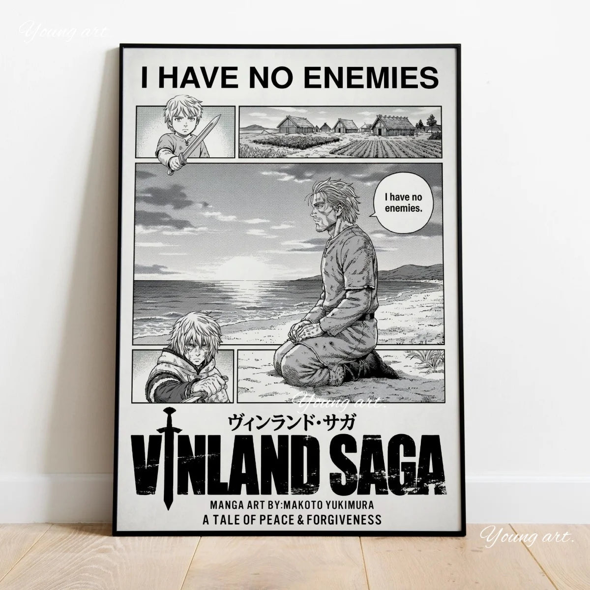 A black and white manga art print featuring a scene from Vinland Saga with text reading I have no enemies.