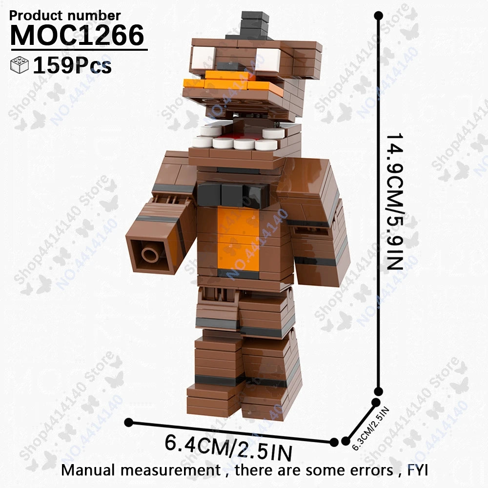 A brown and orange Five Nights at Freddy's character model built from building blocks.