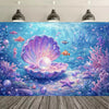 A vibrant underwater scene featuring a large purple seashell, colorful fish, and glowing bubbles for a mermaid birthday backd