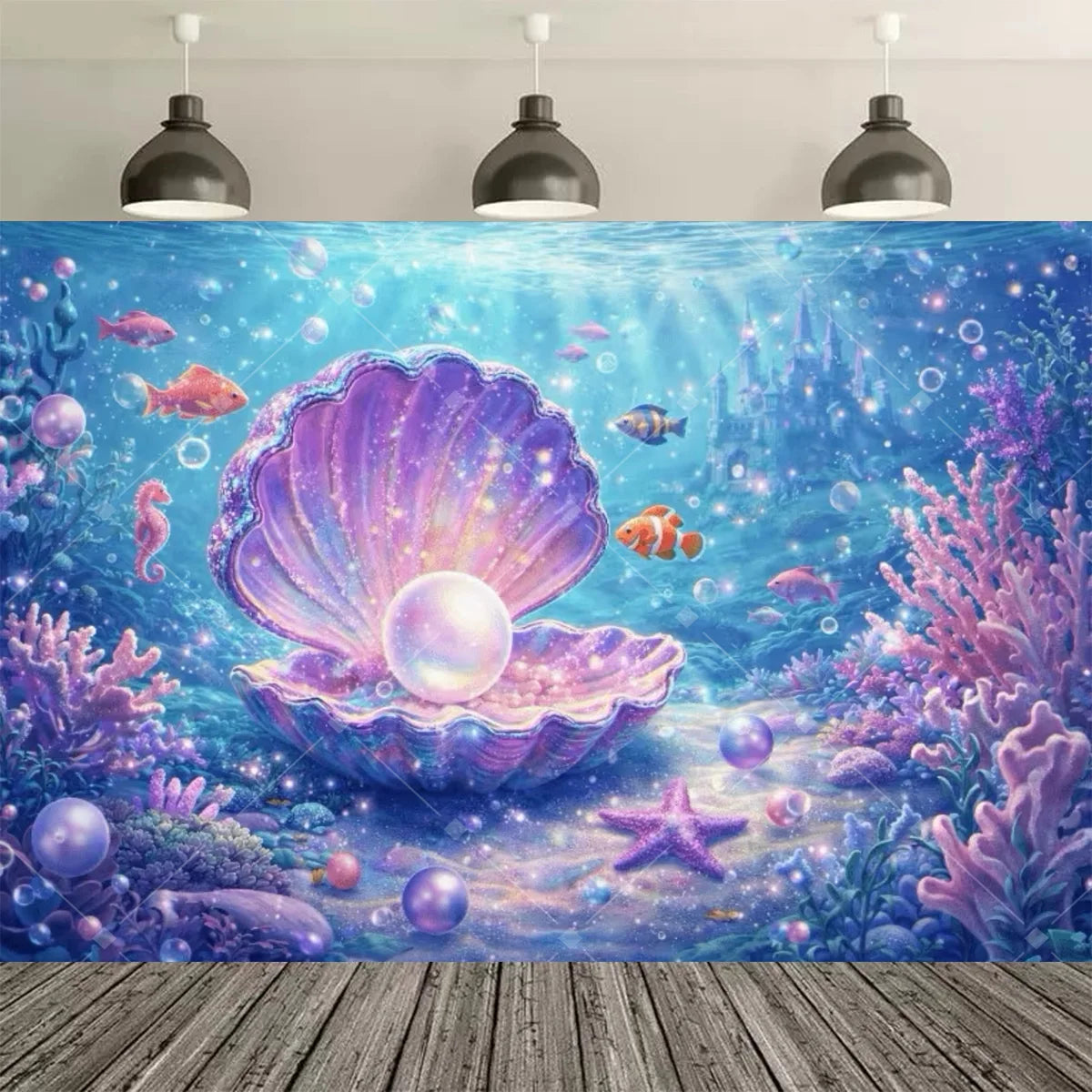 A vibrant underwater scene featuring a large purple seashell, colorful fish, and glowing bubbles for a mermaid birthday backd