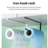 Iron hook rack holding a roll of blue patterned paper towel on a kitchen shelf