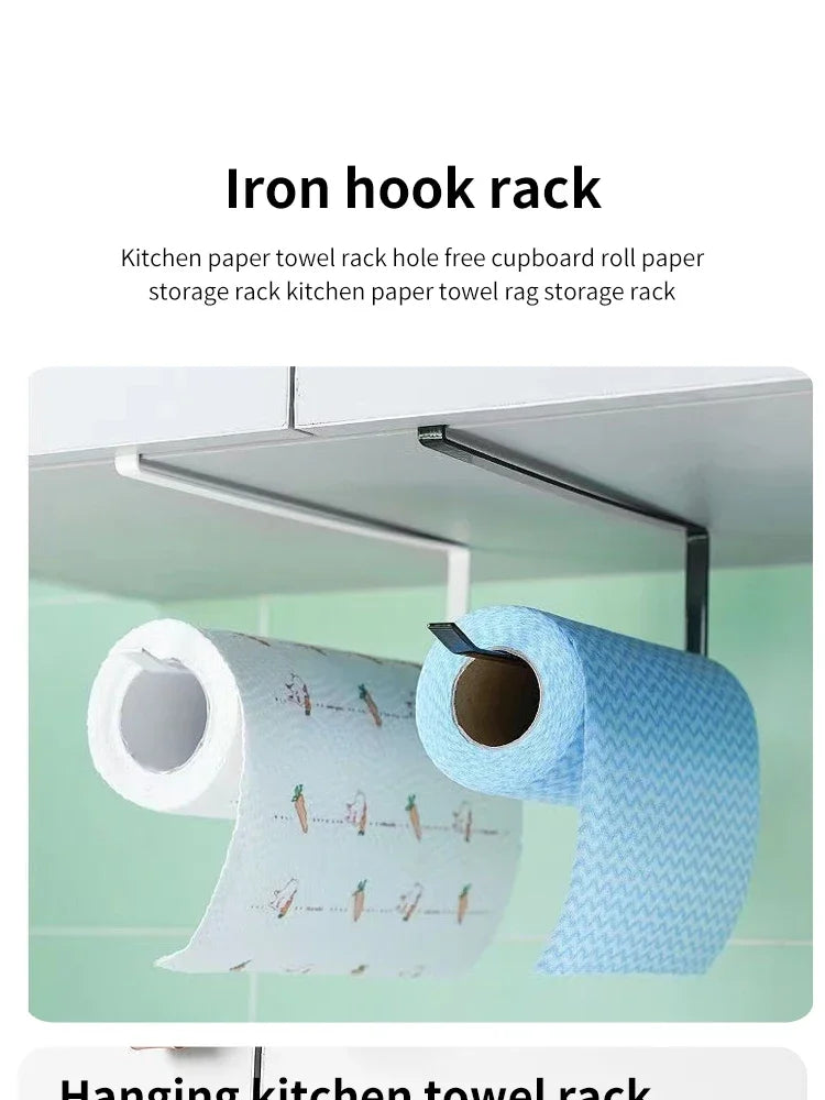 Iron hook rack holding a roll of blue patterned paper towel on a kitchen shelf
