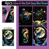 A set of four glow-in-the-dark paint cards featuring sea creatures like a fish and a dolphin against a dark background.