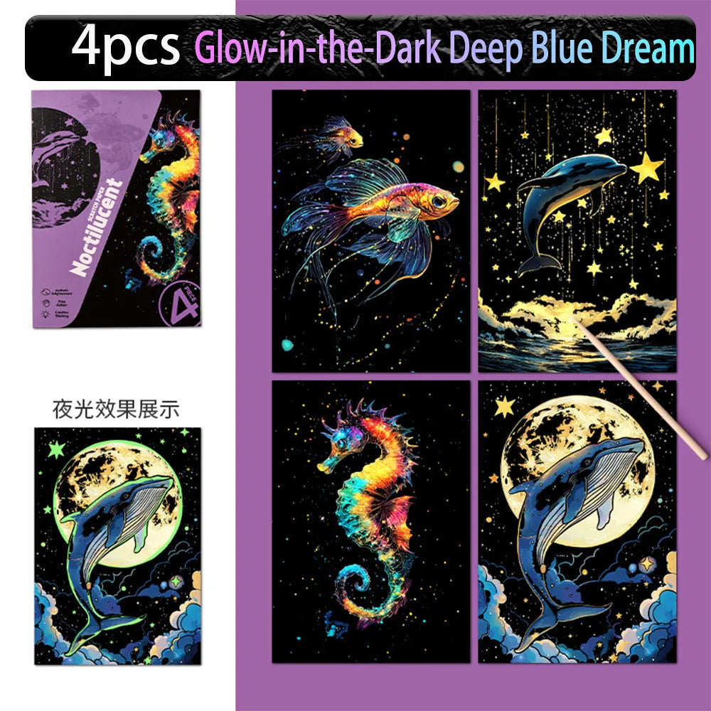 A set of four glow-in-the-dark paint cards featuring sea creatures like a fish and a dolphin against a dark background.