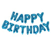 A set of blue foil letter balloons spelling out Happy Birthday for party decoration.