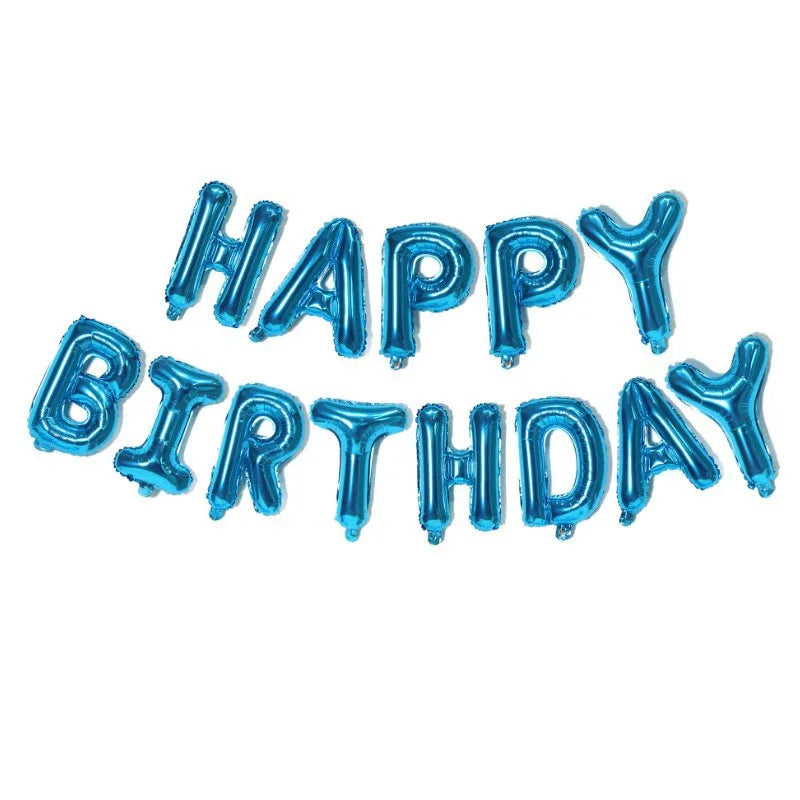 A set of blue foil letter balloons spelling out Happy Birthday for party decoration.