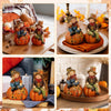 A set of wooden scarecrow figures in various autumn colors and costumes displayed on pumpkins and wood surfaces.