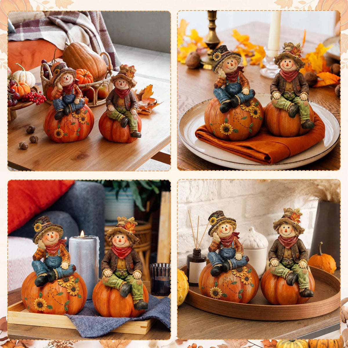 A set of wooden scarecrow figures in various autumn colors and costumes displayed on pumpkins and wood surfaces.