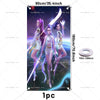 Anime demon hunters party backdrop featuring two female characters with glowing weapons and purple hair