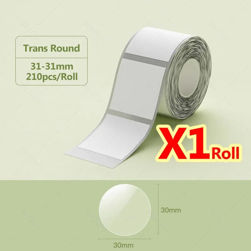 Roll of Trans Round thermal label paper, 31-31mm wide, for mini label printers.
