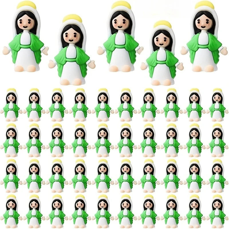 A set of multicolor mini Virgin Mary statues for religious decor, featuring various skin tones and green robes.