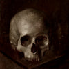 A dark, moody painting of a human skull rendered in sepia tones on canvas.