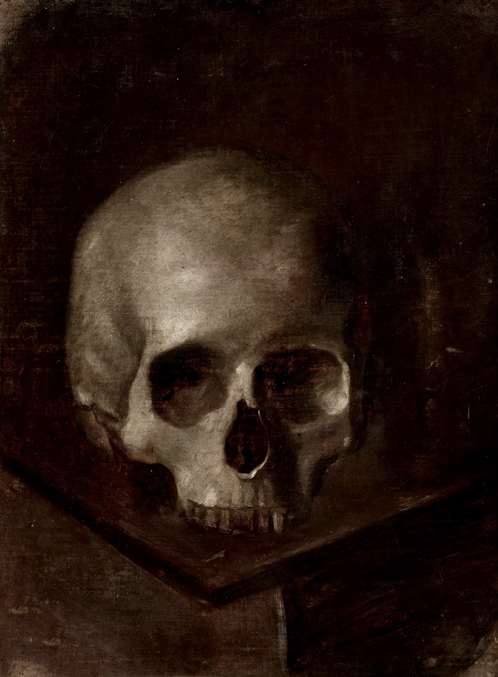 A dark, moody painting of a human skull rendered in sepia tones on canvas.