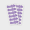A stack of purple name stickers with the word sample repeated on each label.